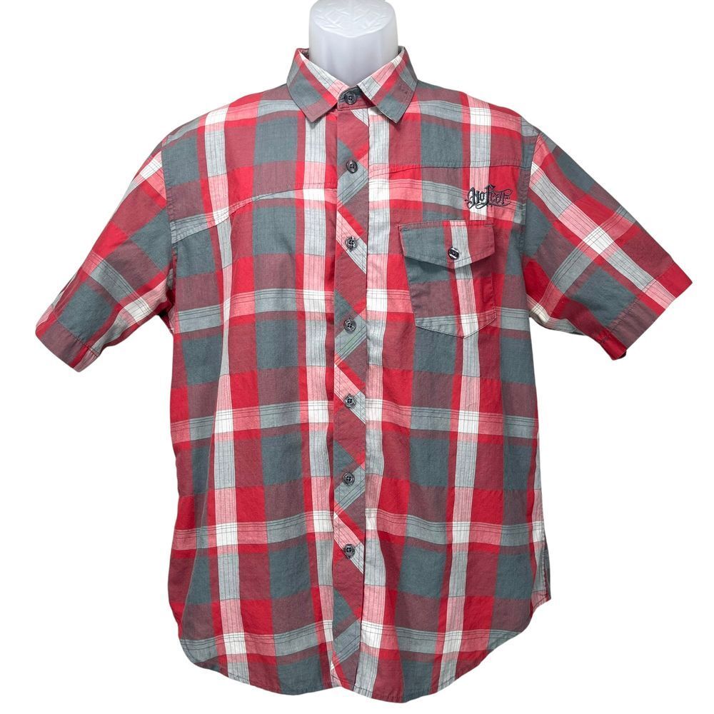No Fear Men's Large Y2k Grunge Red Plaid Short Sleeve Button Up Camp Shirt